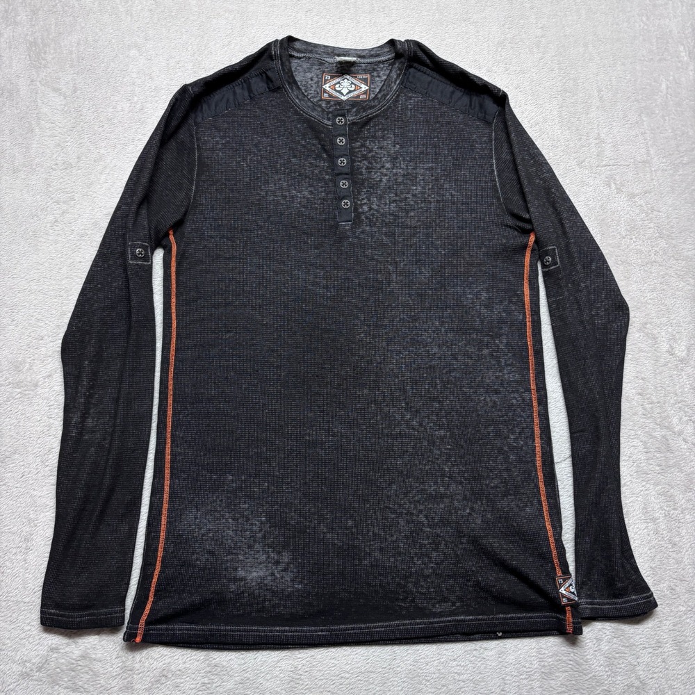 Affliction Mens L Henley Shirt Black Waffle Knit Long‎ Sleeve Y2K Thermal USA